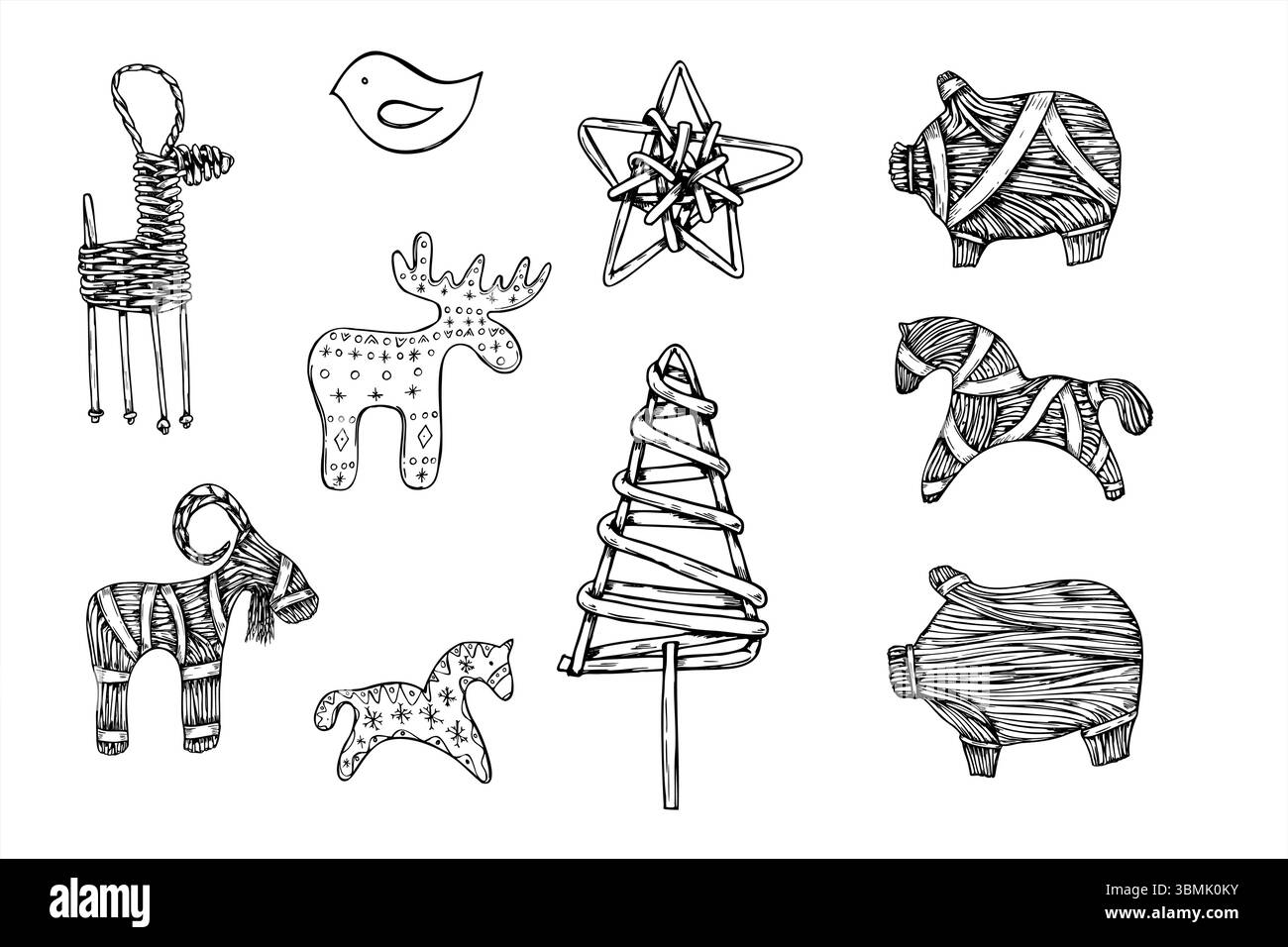 Weide und Strohtiere Vektor Illustration ClipArt gemalt mit schwarzen Tinten. Skandinavische Yule traditionelle Elch-, Schwein-, Hirsch- und Ziegenklammerkunst. Stock Vektor