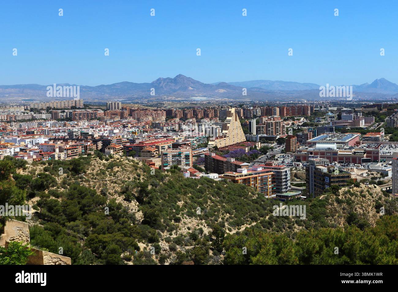 Panoramablick auf die Stadt Alicante mit Stierkampfarena, städtischen Gebäuden und Bergen im Hintergrund unter klarem Himmel. Stockfoto