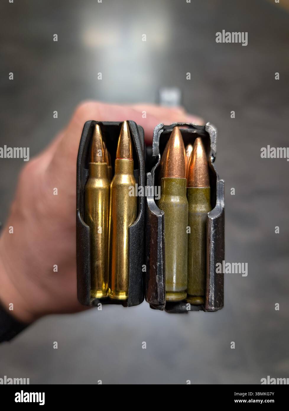 Top-Down-Nahaufnahme: Eine Hand hält zwei geladene Magazine und vergleicht Kassetten des Kalibers 5,56 mit Messinggehäuse und 7,62 x 39 mit Stahlgehäuse. Stockfoto