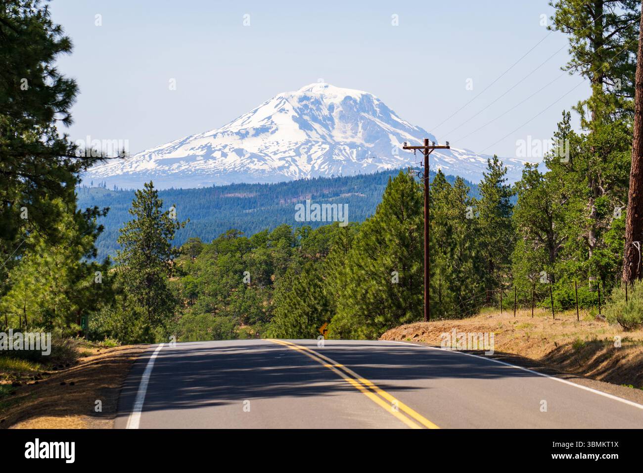Landschaftlich reizvolle Landstraße zum verschneiten Vulkan Mount Adams, Oregon, USA, mit einem Telefonmast in der Nähe der Straße Stockfoto