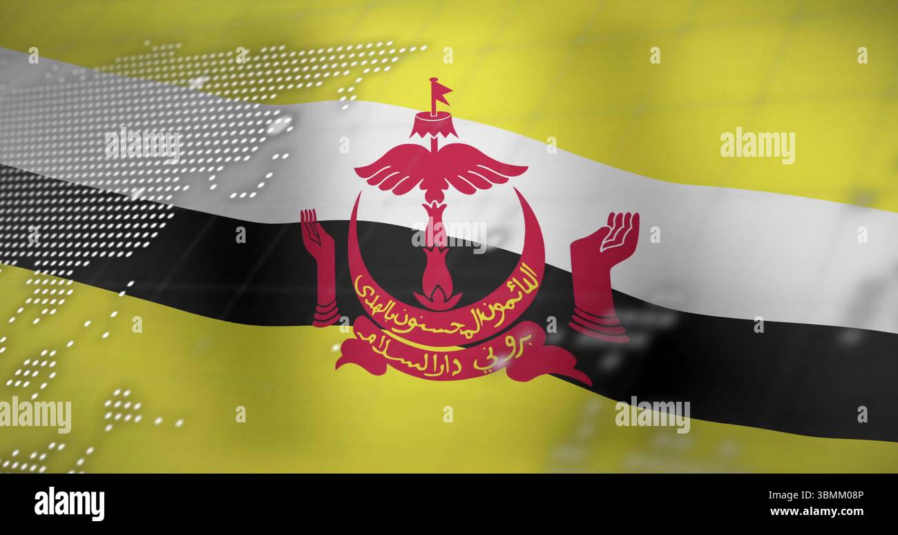 Schwenkende Brunei-Flagge mit digitalen Daten und Kartenüberlagerung im Hintergrundbild Stockfoto