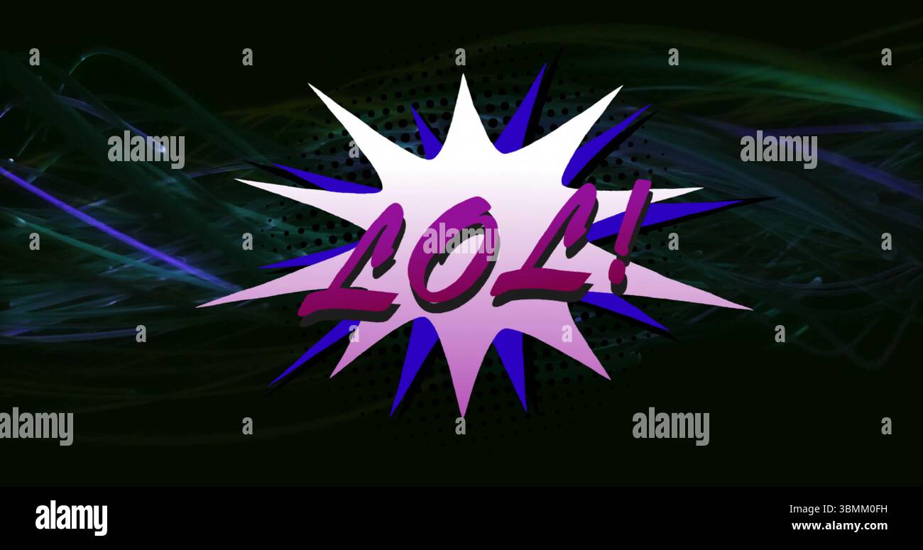 Bild von LOL! Text im Comic-Stil mit Starburst-Effekt auf dunklem Hintergrund Stockfoto