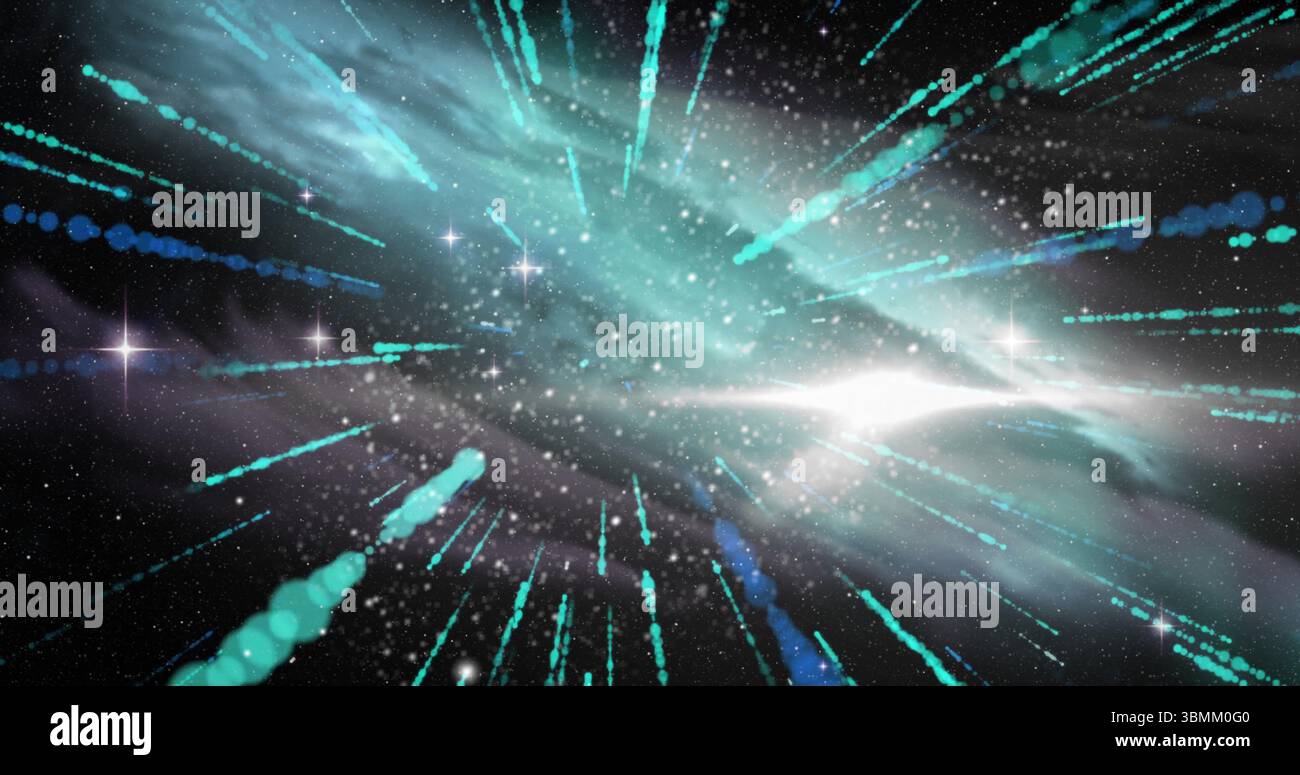 Bild der kosmischen Explosion mit dynamischen Lichtstreifen und Sternen im Weltraum Stockfoto