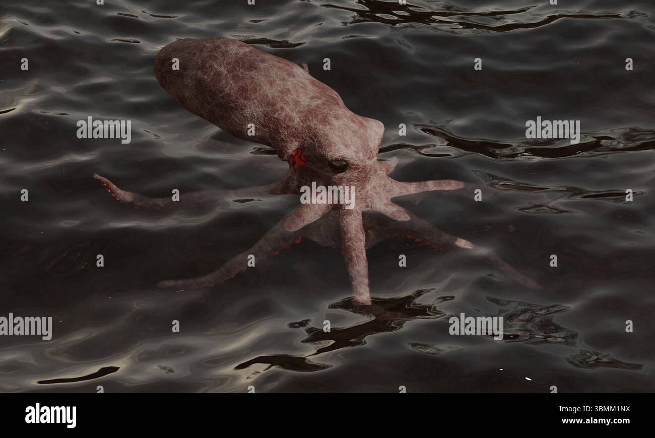 Realistische 3D-Illustration eines Tiefseektopus auf der Oberfläche des Ozeans. Dank der Detailtiefe und der raffinierten Farbgebung wird dieses Modell zu einem echten Blickfang. Stockfoto