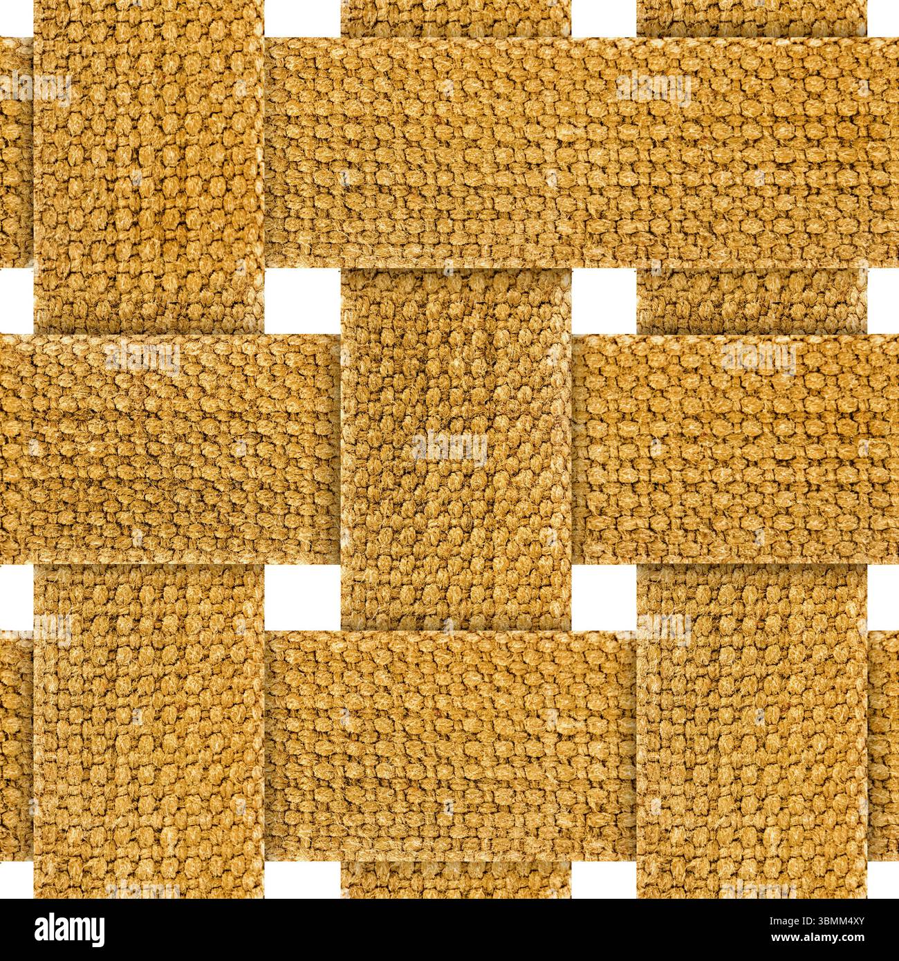 Isolierte nahtlose 4K-Textur aus khakifarbenem Tuch geflochtenes Gittergitter auf weißem Hintergrund. Stockfoto