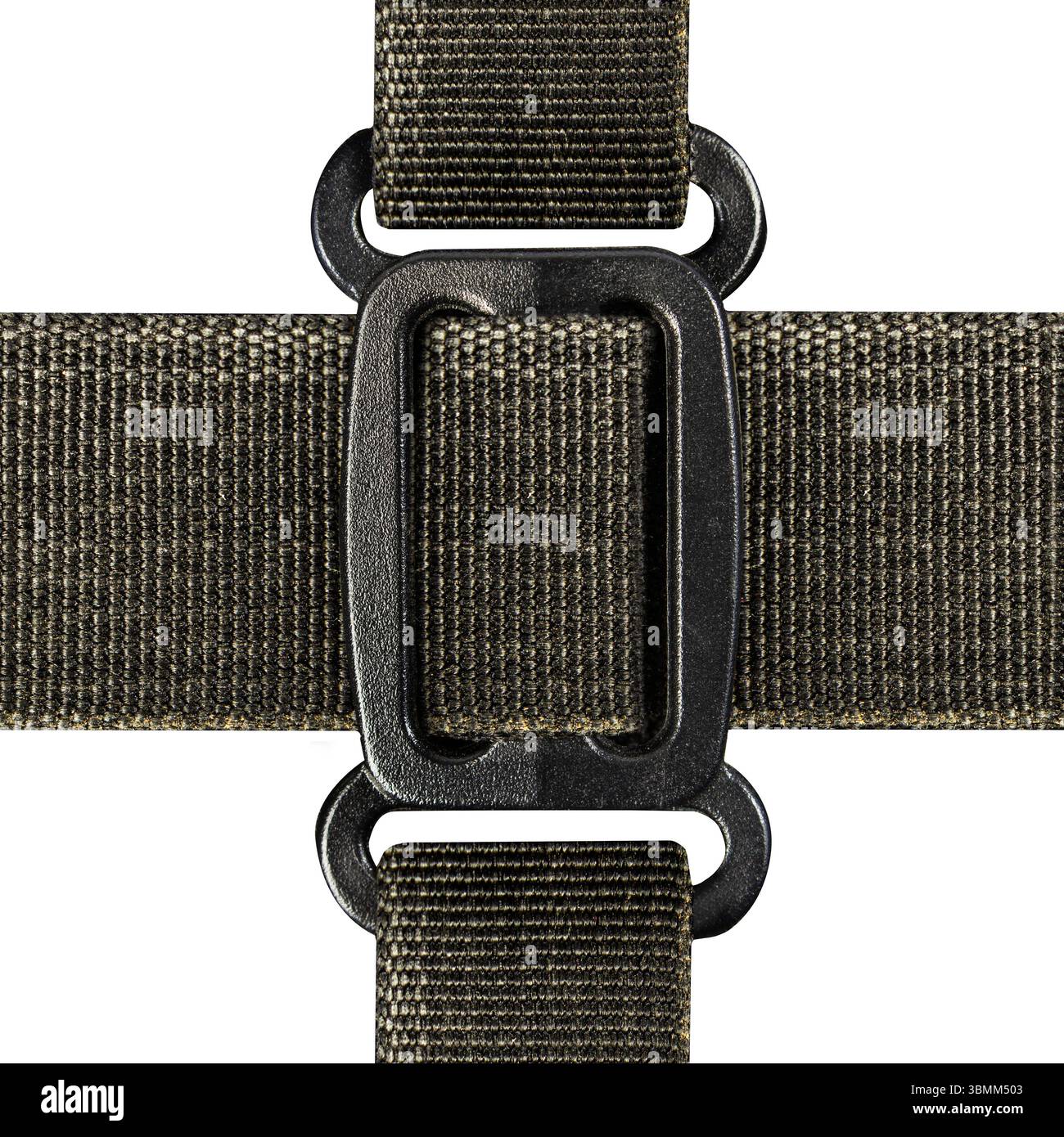 Isolierte nahtlose 4K-Textur des khakifarbenen Nylon-Militärbandgitters mit Kunststoffanschlüssen auf weißem Hintergrund. Stockfoto