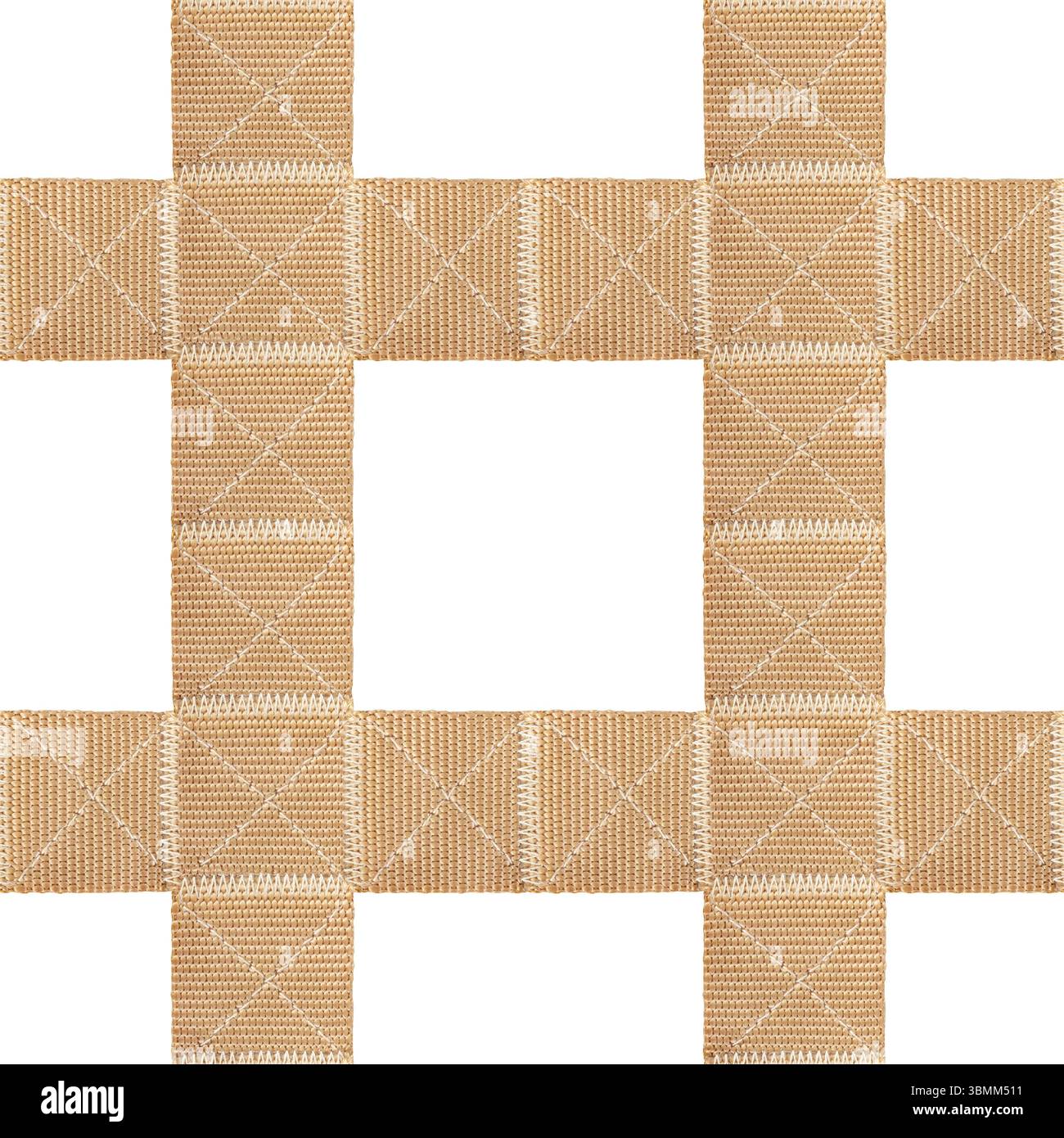 Isolierte nahtlose 4k-Textur aus khakifarbenem, sandfarbenen Militär-Nylon-Gittergitter auf weißem Hintergrund. Stockfoto