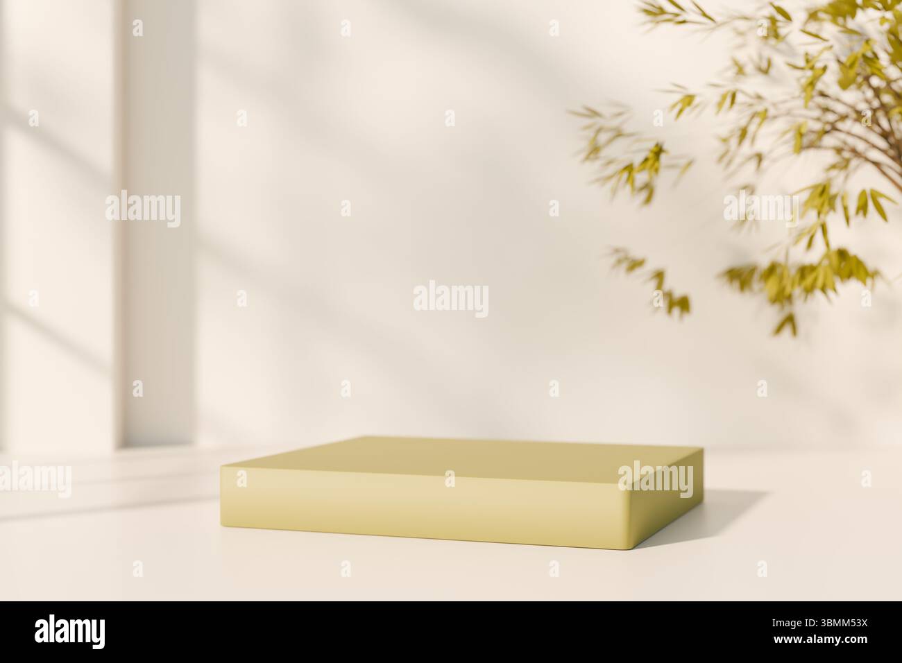 Eine beige Plattform sitzt auf einer weißen Oberfläche mit weichen Schatten und einer zarten Pflanze im Hintergrund. 3D-Rendering Stockfoto
