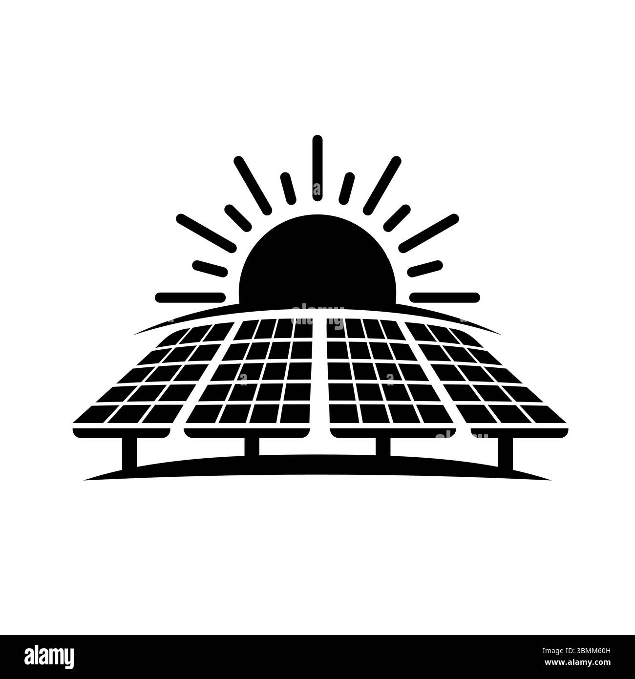 Sauberes schwarzes Symbol mit geneigten Solarpaneelen unter einem strahlenden Sonnenaufgang Stock Vektor