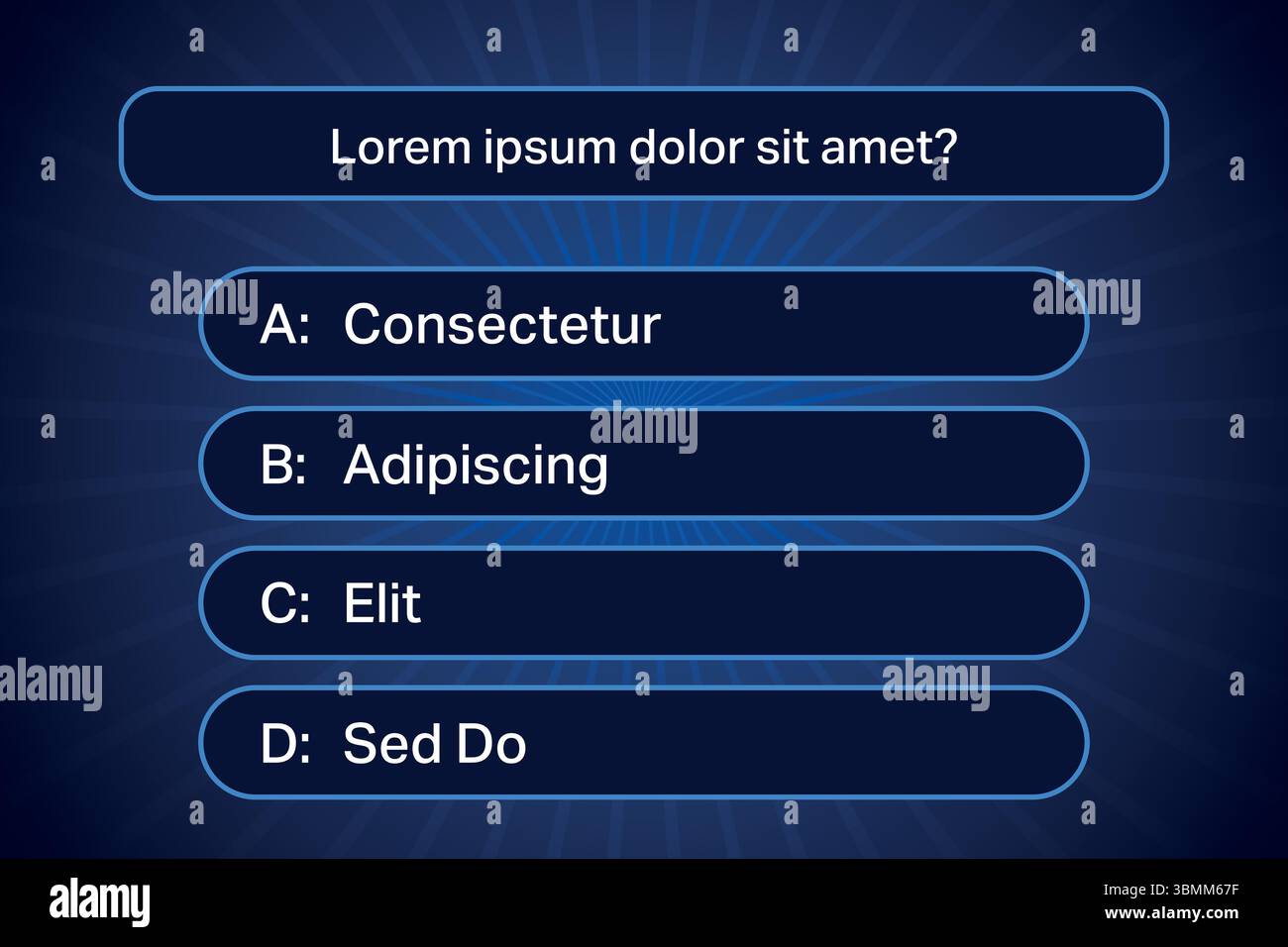 Blaue Quiz-Grafik mit einer Frage und vier Antwortfeldern mit fett gedruckten Etiketten. Stock Vektor