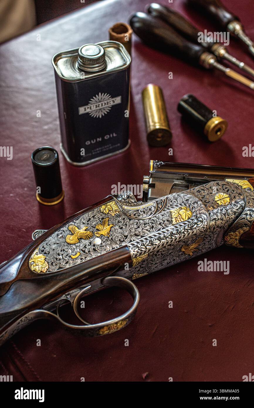 Detail mit James Purdey & Sons Doppelgewehr mit Gravur Stockfoto
