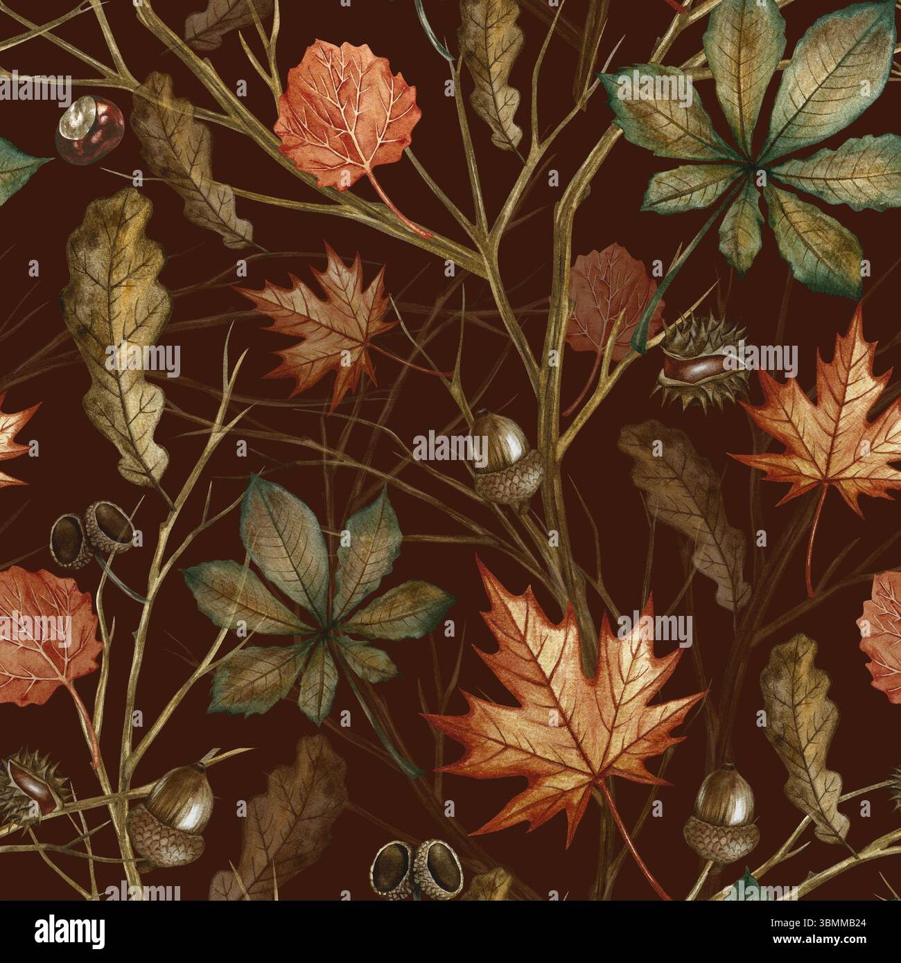 Nahtloses Muster mit verschiedenen Herbstblättern und Zweigen. Handgemachte Aquarellillustration. Ein Farbbild auf dunklem Hintergrund. Zum Verpacken, Dekor Stockfoto