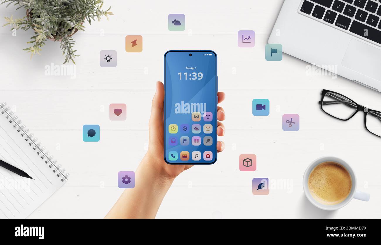 Ein sauberes Smartphone-Modell in moderner Büroumgebung mit schwimmenden Apps bietet vielseitige Tools für die Business- oder Entwickler-Benutzeroberfläche Stockfoto