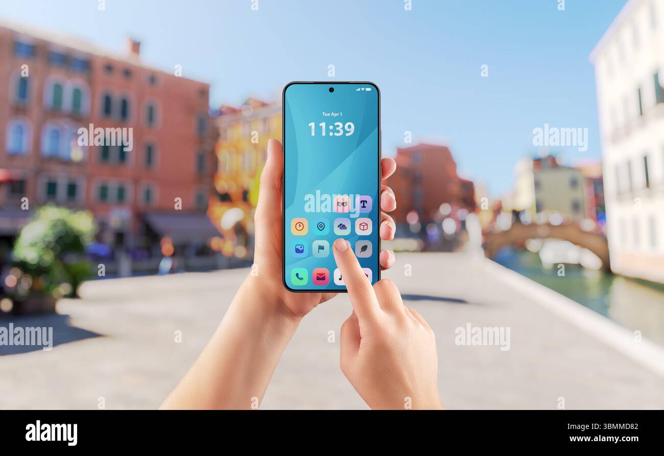 Smartphone-App-Schnittstelle, die an sonnigen Tagen im Freien verwendet wird, perfekt für Reise-, Lifestyle- oder Navigations-Apps Stockfoto