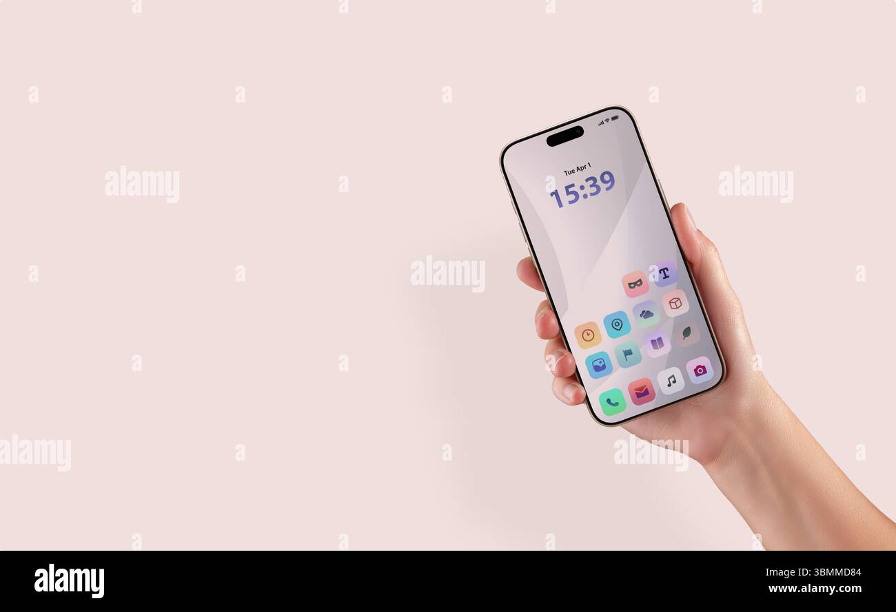 Minimalistischer Smartphone-Bildschirm mit App-Symbolen auf weichem Hintergrund, ideal für moderne mobile Benutzeroberfläche und klare digitale Ästhetik Stockfoto