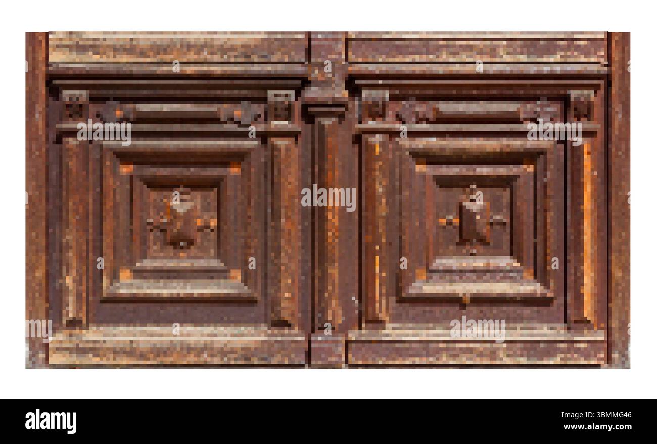 Isoliertes Pixel-Kunstfoto von antiken Holztüren oder Möbeltafeln auf weißem Hintergrund. Stockfoto