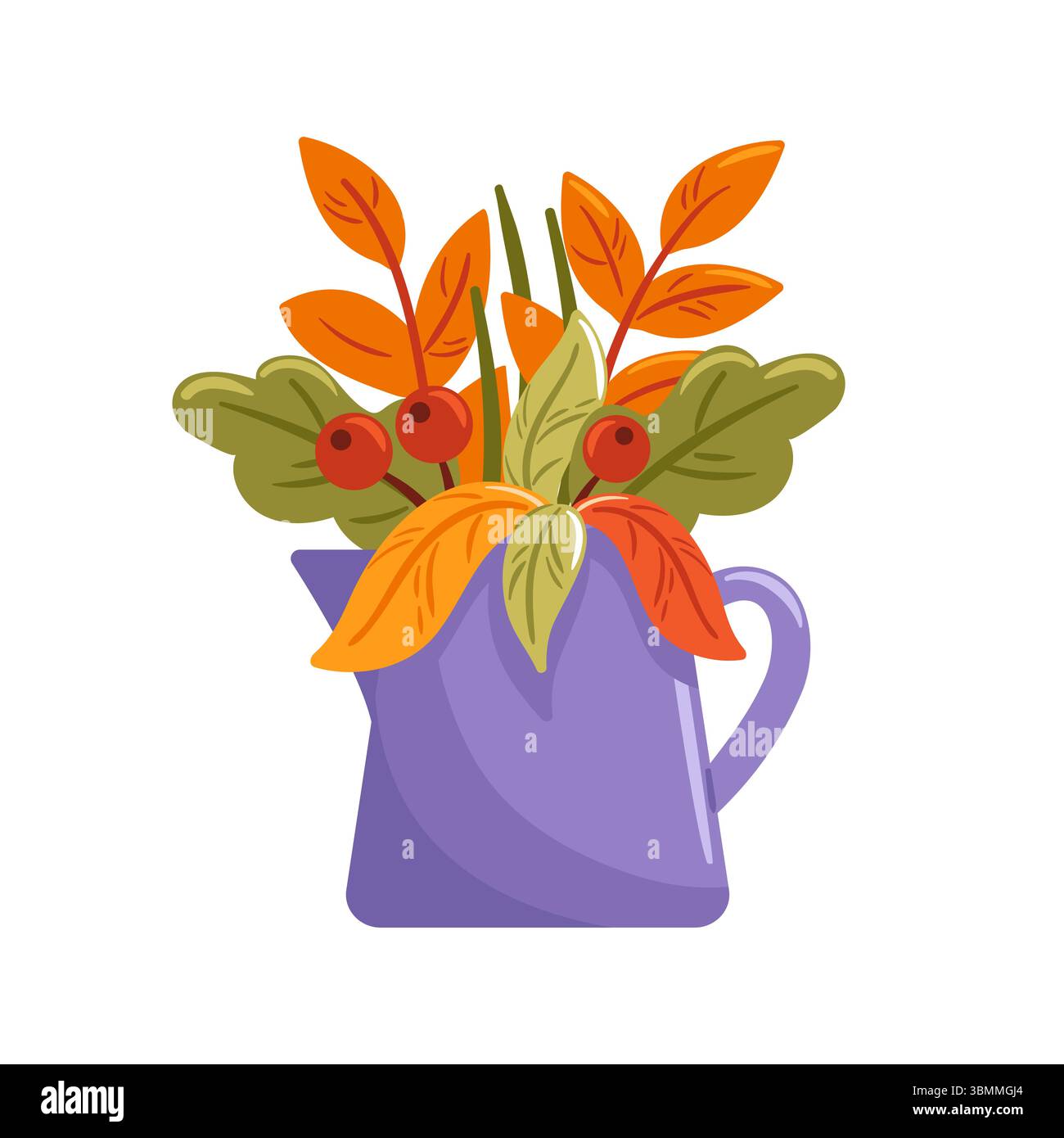 Ein unglaublich lebendiger Herbststrauß mit leuchtend orangefarbenen Blättern und dekorativen Beeren, die in einem satten violetten Krug platziert werden Stock Vektor