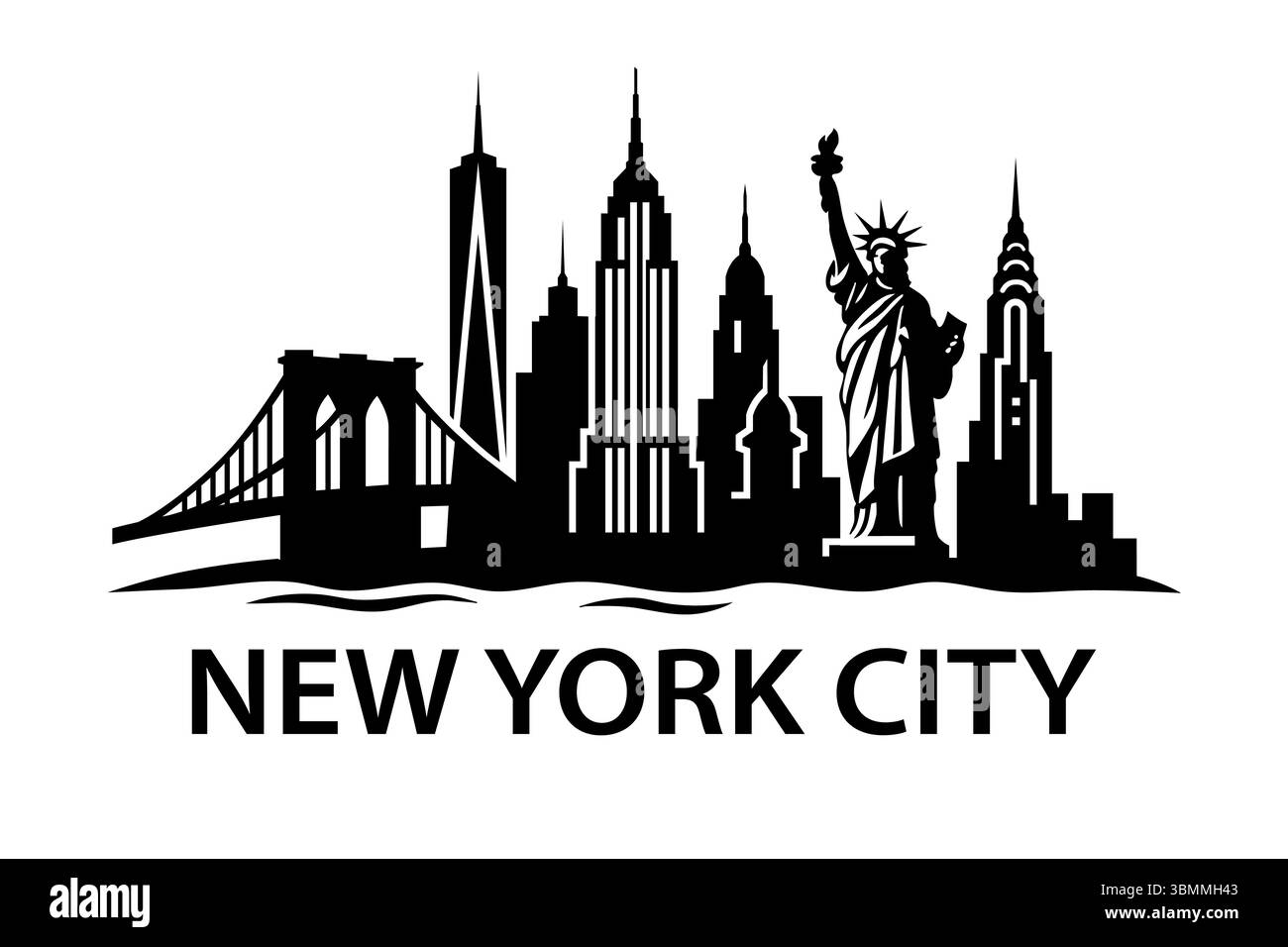 Legendäre Skyline von New York City in schwarzer Silhouette mit Freiheitsstatue und wichtigen Wahrzeichen Stock Vektor