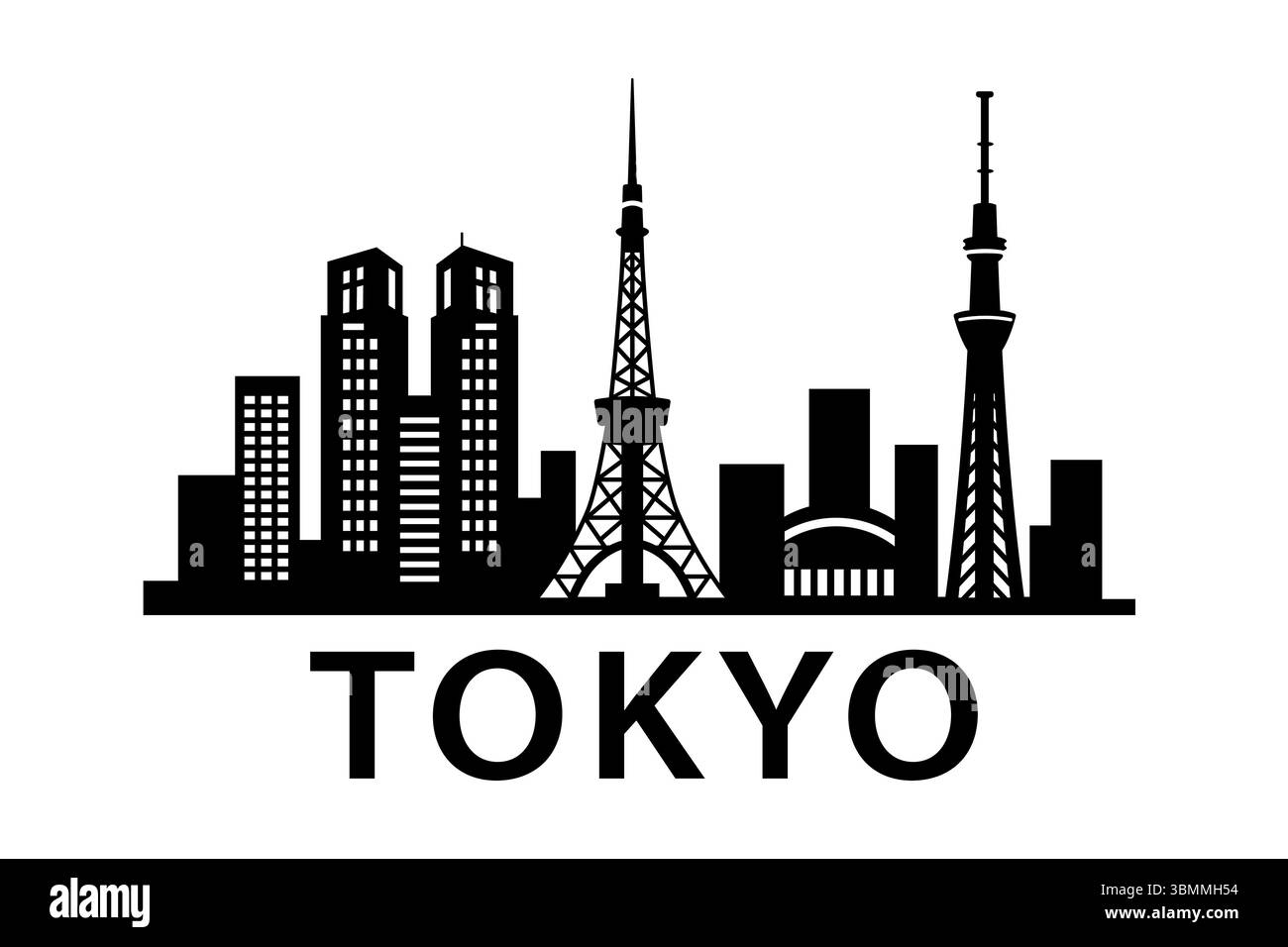 Stilvolle schwarze Silhouette der Skyline von Tokio mit Skytree und Sehenswürdigkeiten des Tokio Tower Stock Vektor