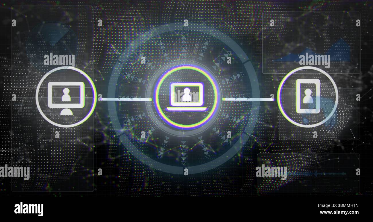 Hervorheben des Laptop-Symbols leuchtende Halo-Ringe auf dem Netzwerkraster mit Desktop-Monitor und Smartphone-Symbolen Stockfoto