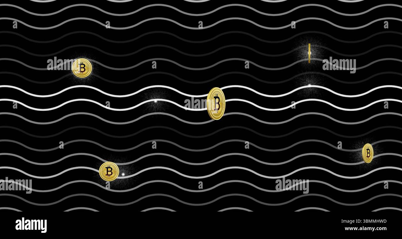 Bild von Bitcoin-Symbolen, die über welligen schwarz-weißen Hintergrund schweben Stockfoto