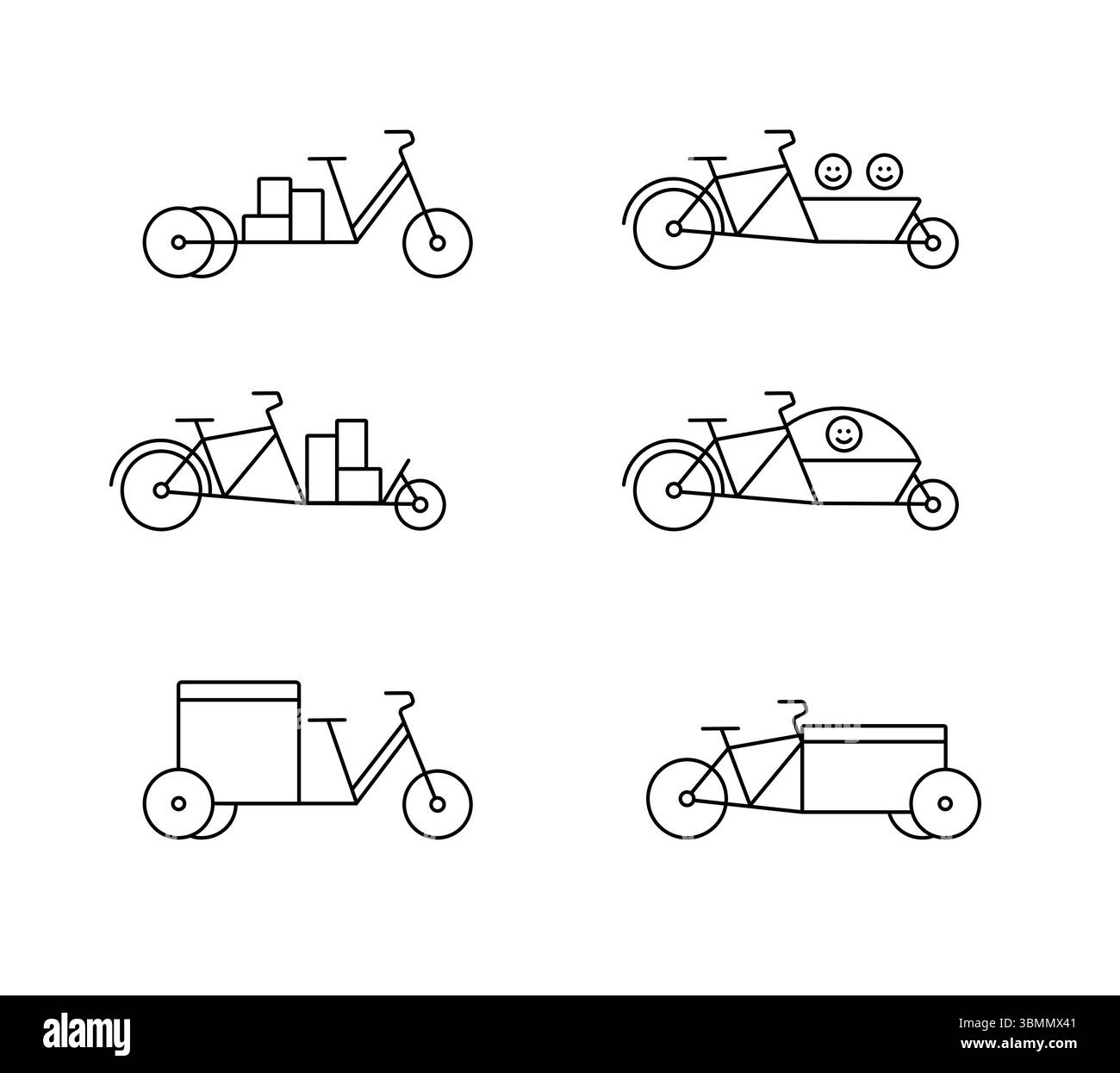 Cargo-Fahrräder und Dreiräder Set von Symbolen, linear mit editierbarem Hub. Stock Vektor
