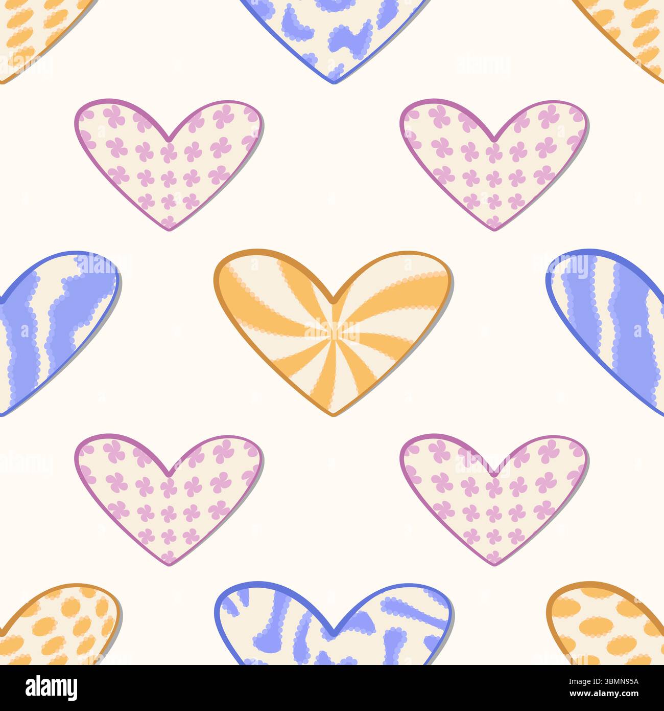 Nahtloses Vintage y2k-Muster mit Herzen. Verdrehte Formen, trendige verzerrte Grunge-Figuren in Blau, Violett, Gelb und Beige. Trippy Vector Psyc Stock Vektor