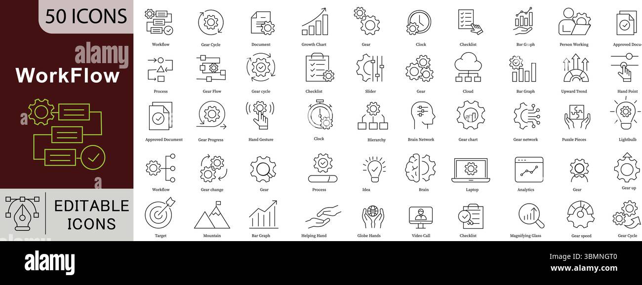 Symbolsatz für Workflow-Prozess - 50 bearbeitbare Business-Flow-Symbole für die Vektorsammlung für Projektmanagement, Automatisierung und Betriebseffizienz Stock Vektor