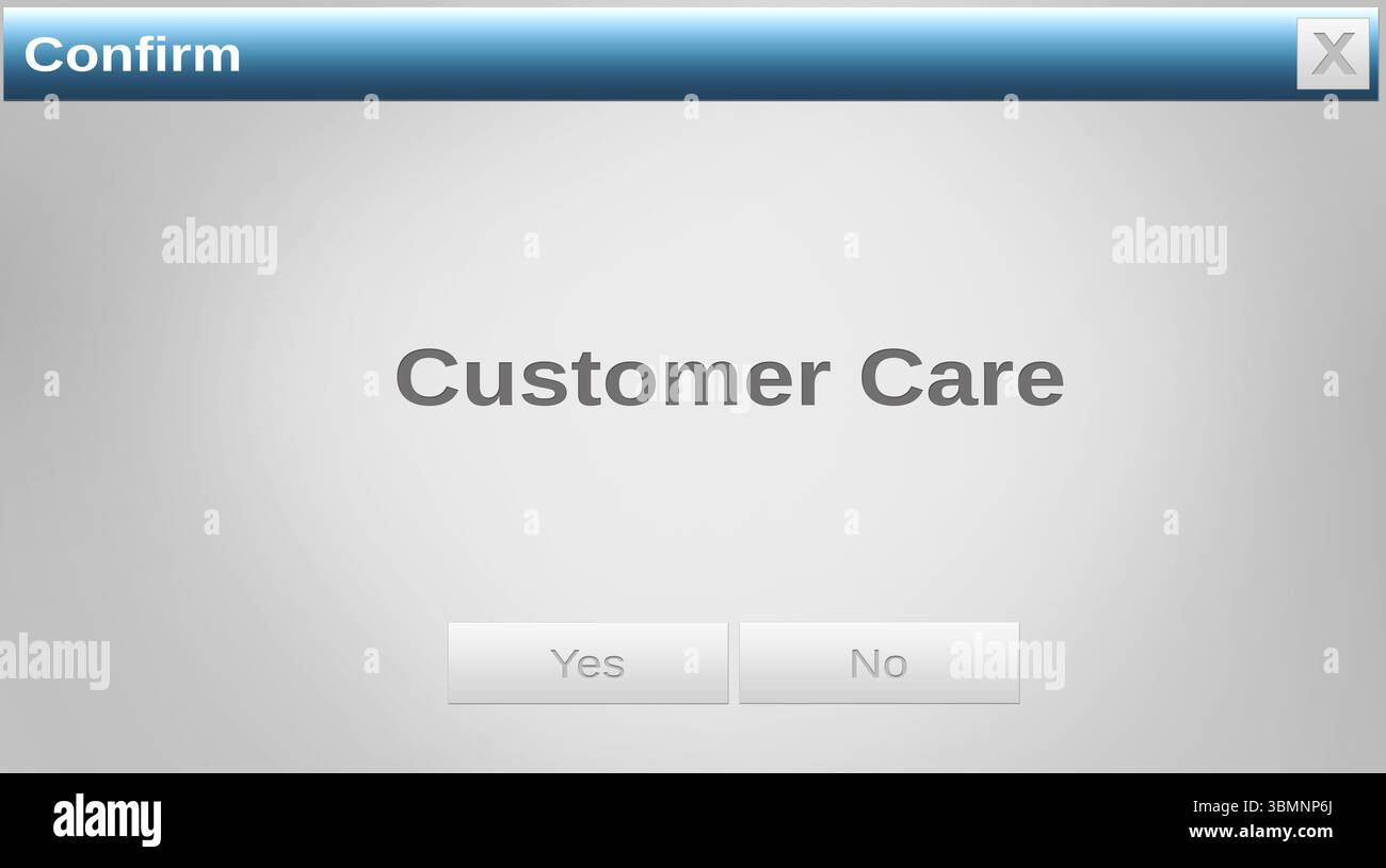 Bild des Bestätigungs- und Kundenbetreuungstextes mit Ja- und Nein-Schaltflächen im Website-Fenster, mit Kopierraum Stockfoto