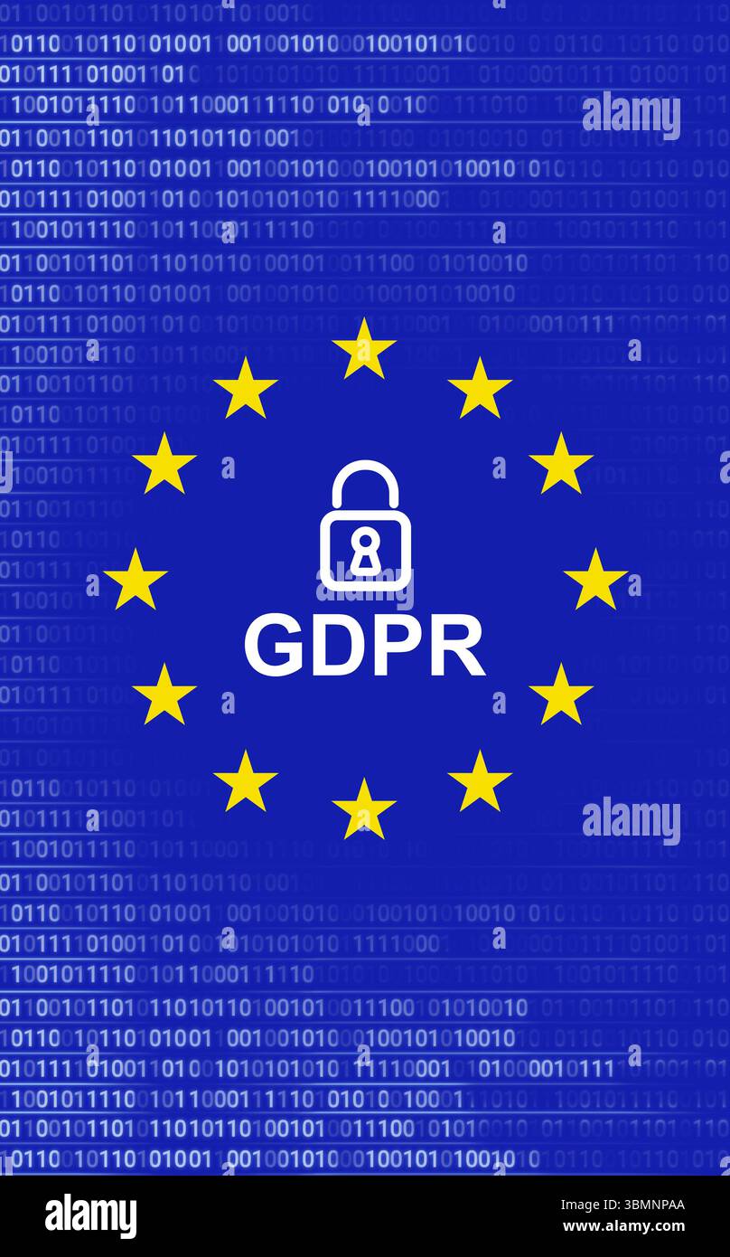 Flache Grafik zeigt das Vorhängeschloss-Symbol über dem DSGVO-Text mit EU-Sternen auf blauem Binärcode Stockfoto