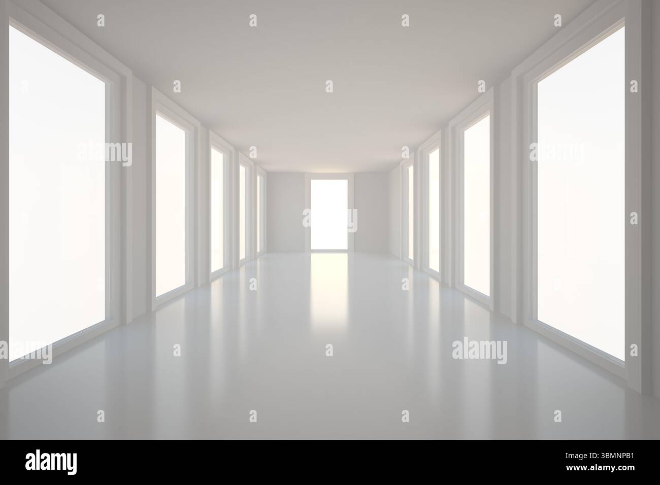 Der flache Flur ist mit glänzend weißem Boden versehen. Die Fenster sind seitlich in Richtung des hohen Eingangs ausgekleidet Stockfoto