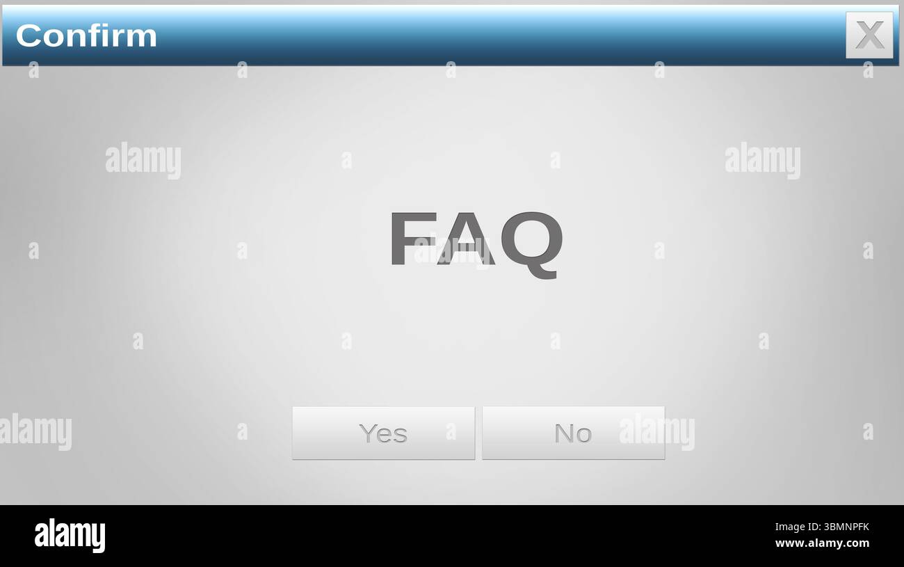 Abbildung: Bestätigungs- und faq-Text mit Ja- und Nein-Schaltflächen im grauen Website-Fenster, mit Kopierraum Stockfoto