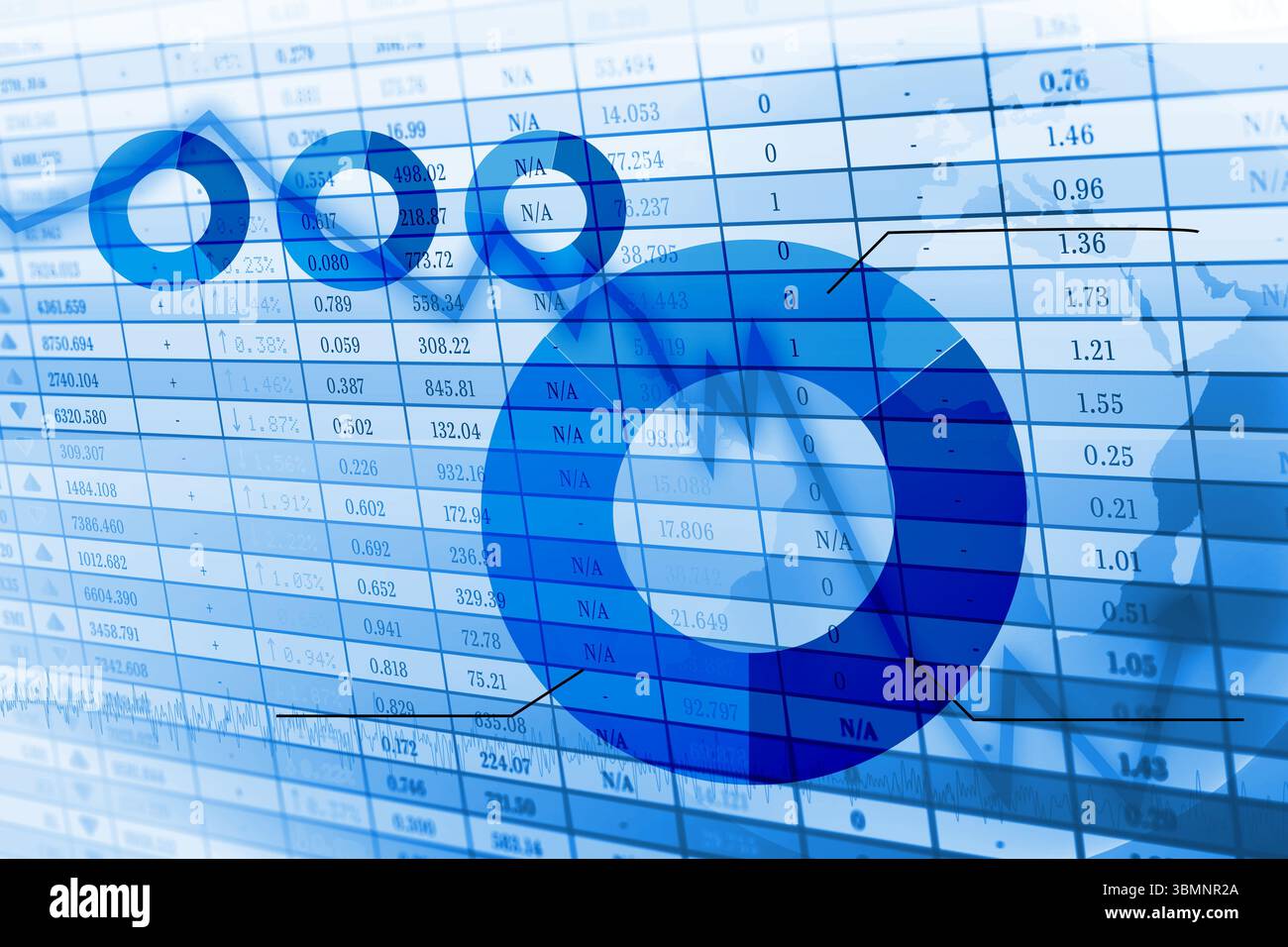 Flache Datengrafik mit großem blauem Ringdiagramm, Datenraster, Ringdiagrammen und Liniendiagramm Stockfoto
