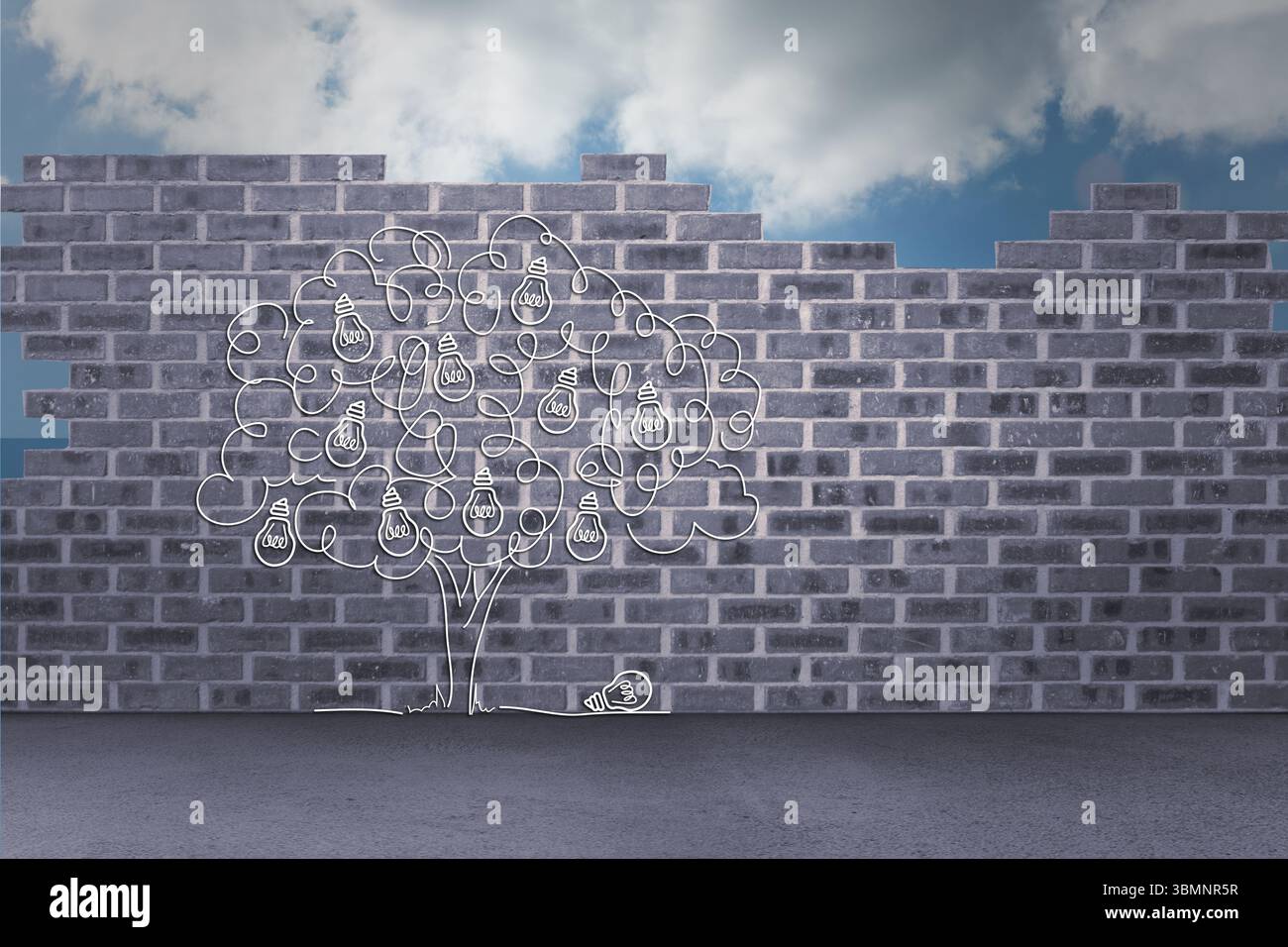 Glühbirne Baum Doodle an Wand Stockfoto