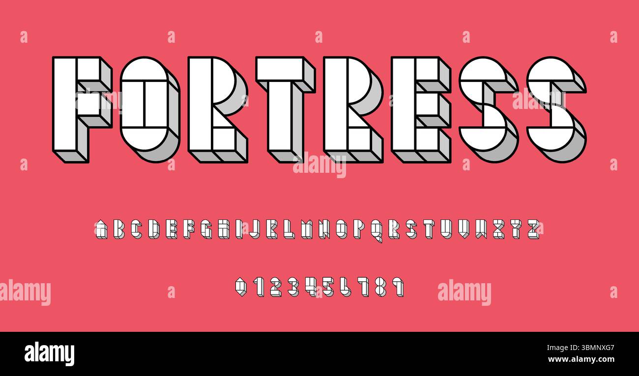 Satz von Alphabeten Schriftzeichen Buchstaben und Zahlen modernes abstraktes Design mit geometrischen Formen mit 3D-Konzeptvektorillustration Stock Vektor