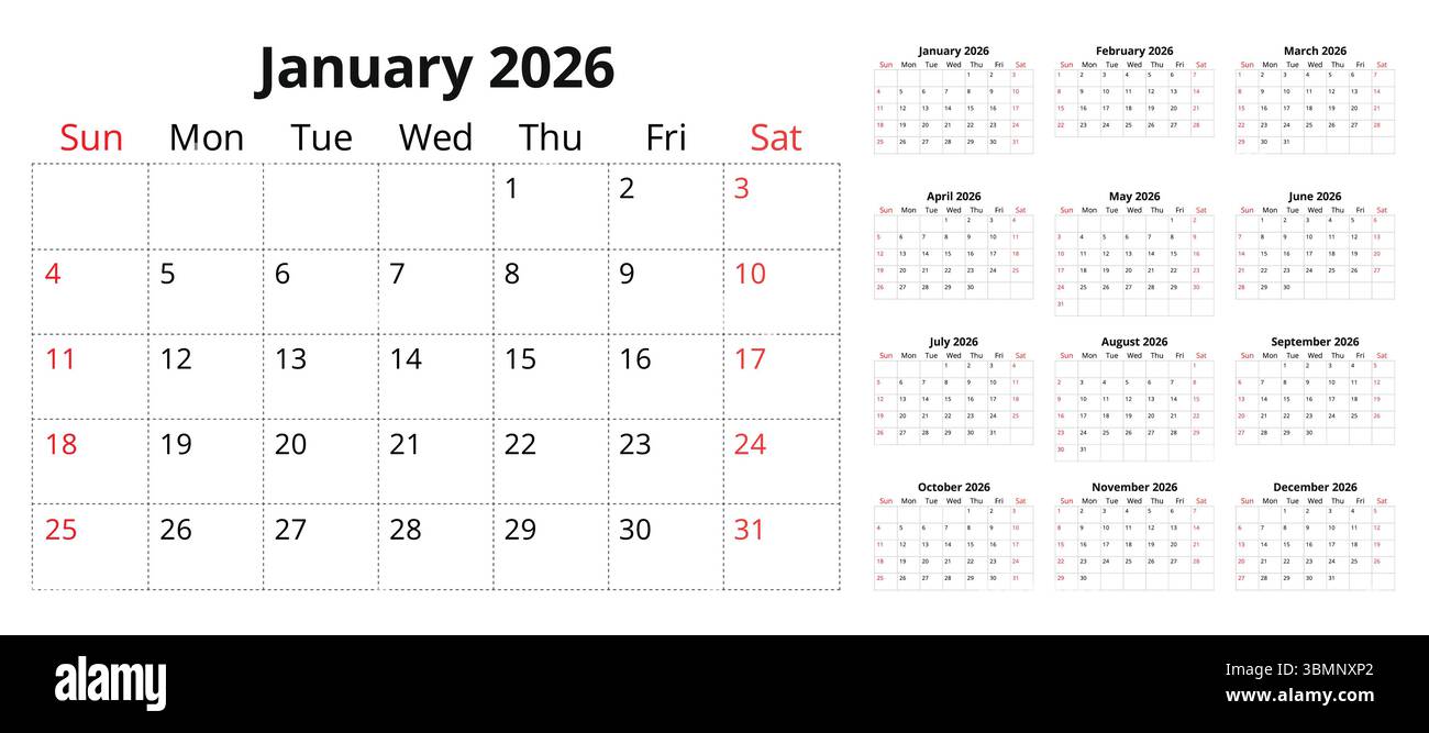 Kalenderplaner 2026. Eine Vektorsammlung englischer monatlicher Seitenkalender. Design mit Sonntagsstart Stock Vektor