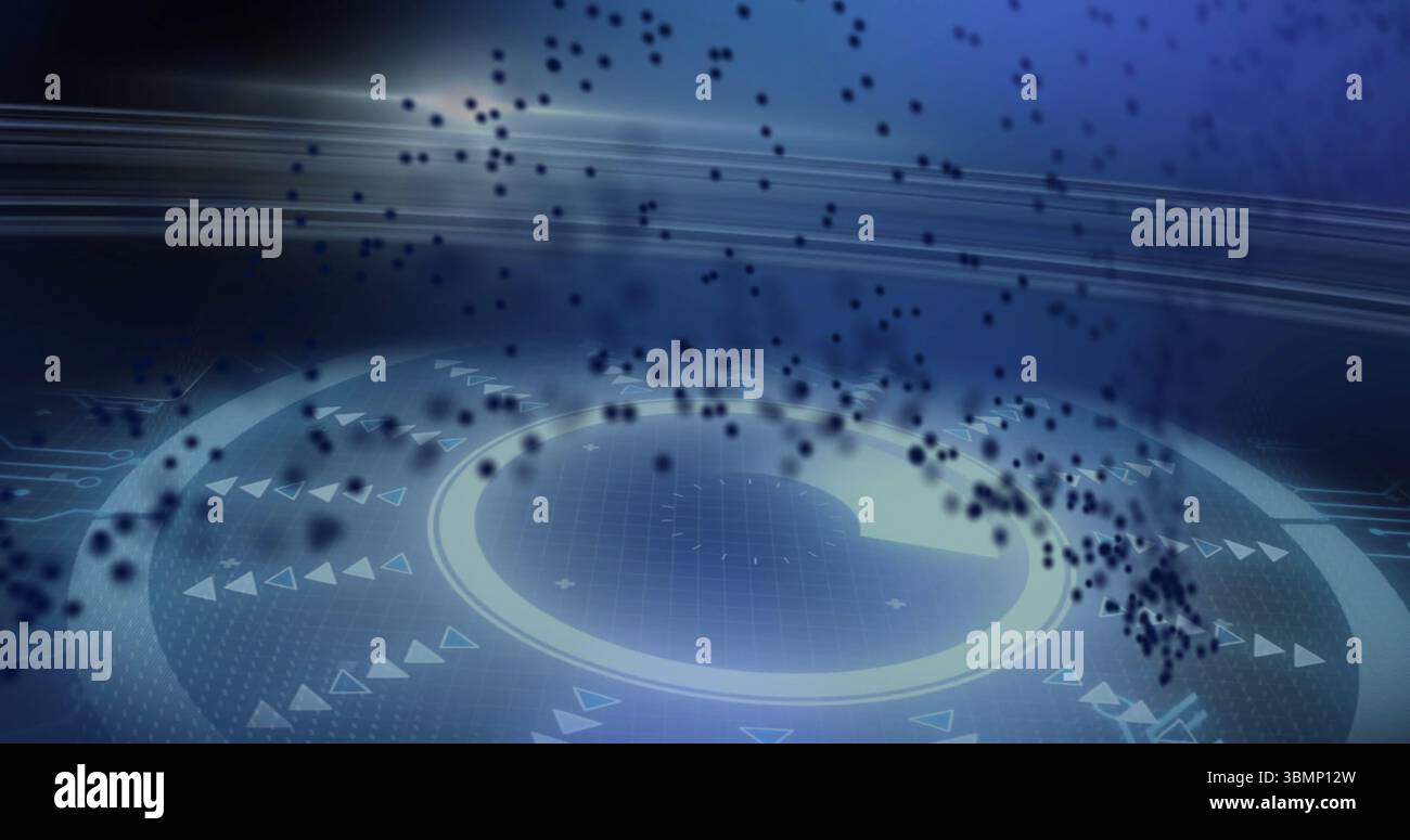 Pulsierendes kreisförmiges UI-Element, das im Schnittstellenraum pulsiert, mit konzentrischen Ringen und Datenströmen Stockfoto