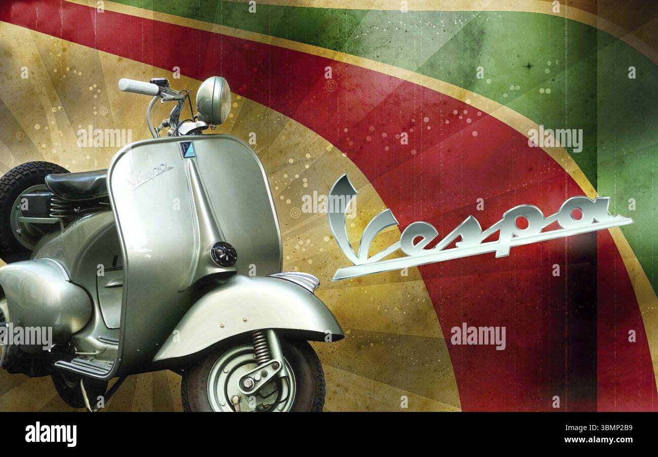 Klassischer Vespa-Roller parkt vor der Kulisse italienischer Flaggenfarben Stockfoto