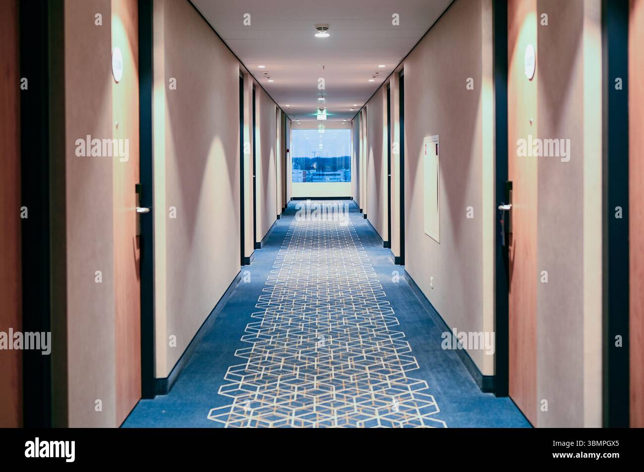 Langer Flur mit blauem Teppich und Fenster im Hotel Stockfoto