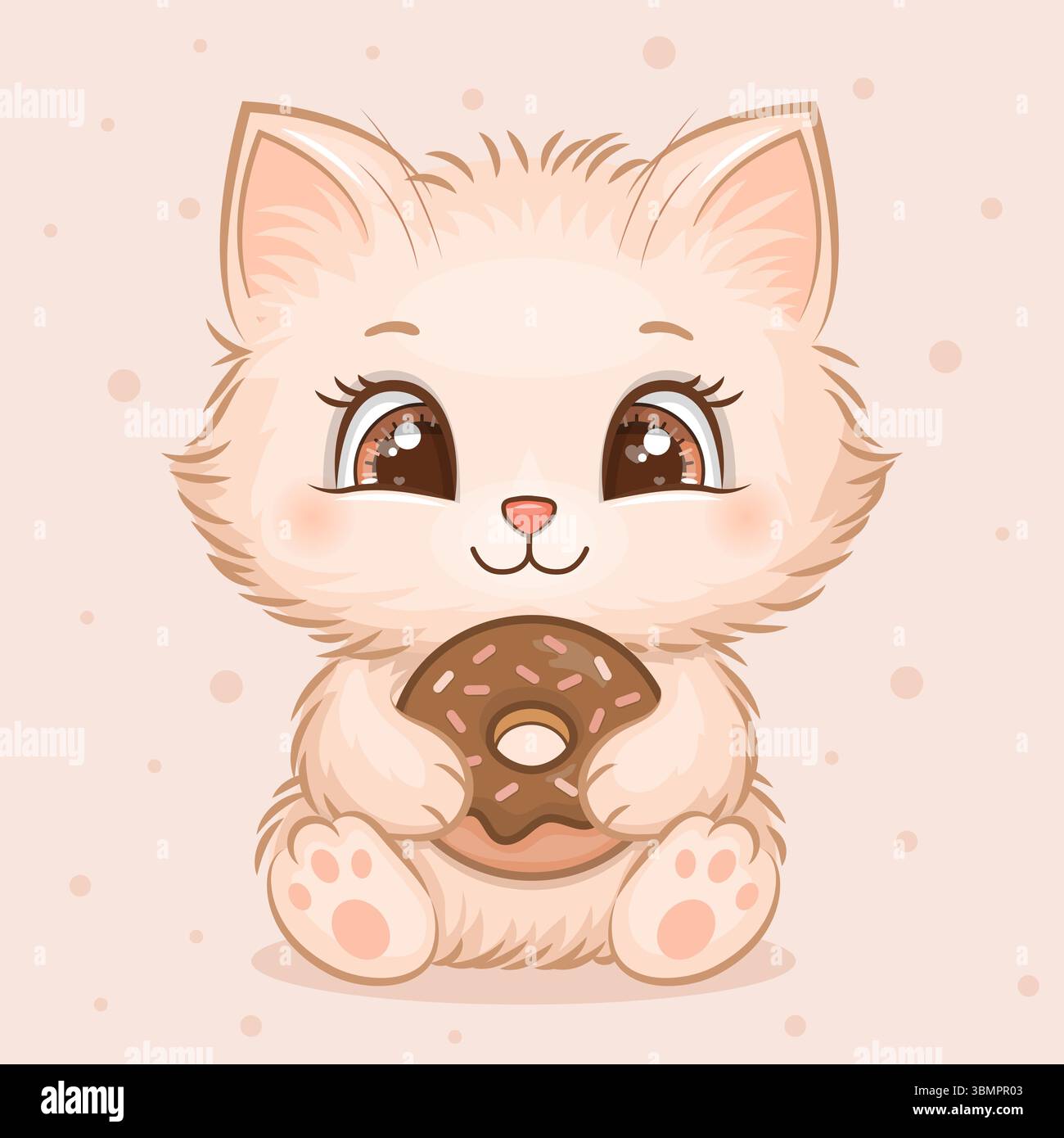 Niedliche flauschige Cartoon Cat-Figur mit einem Schokoladenkrapfen. Vektorillustration in weichen Pastelltönen des Tieres. Stock Vektor