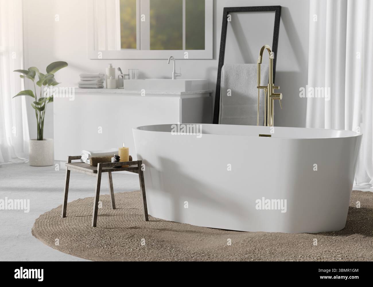 Ein wunderschön gestaltetes Badezimmer mit einer eleganten freistehenden Badewanne, goldenen Armaturen und minimalistischer Einrichtung, ideal für anspruchsvolle Wohnaccessoires Stockfoto