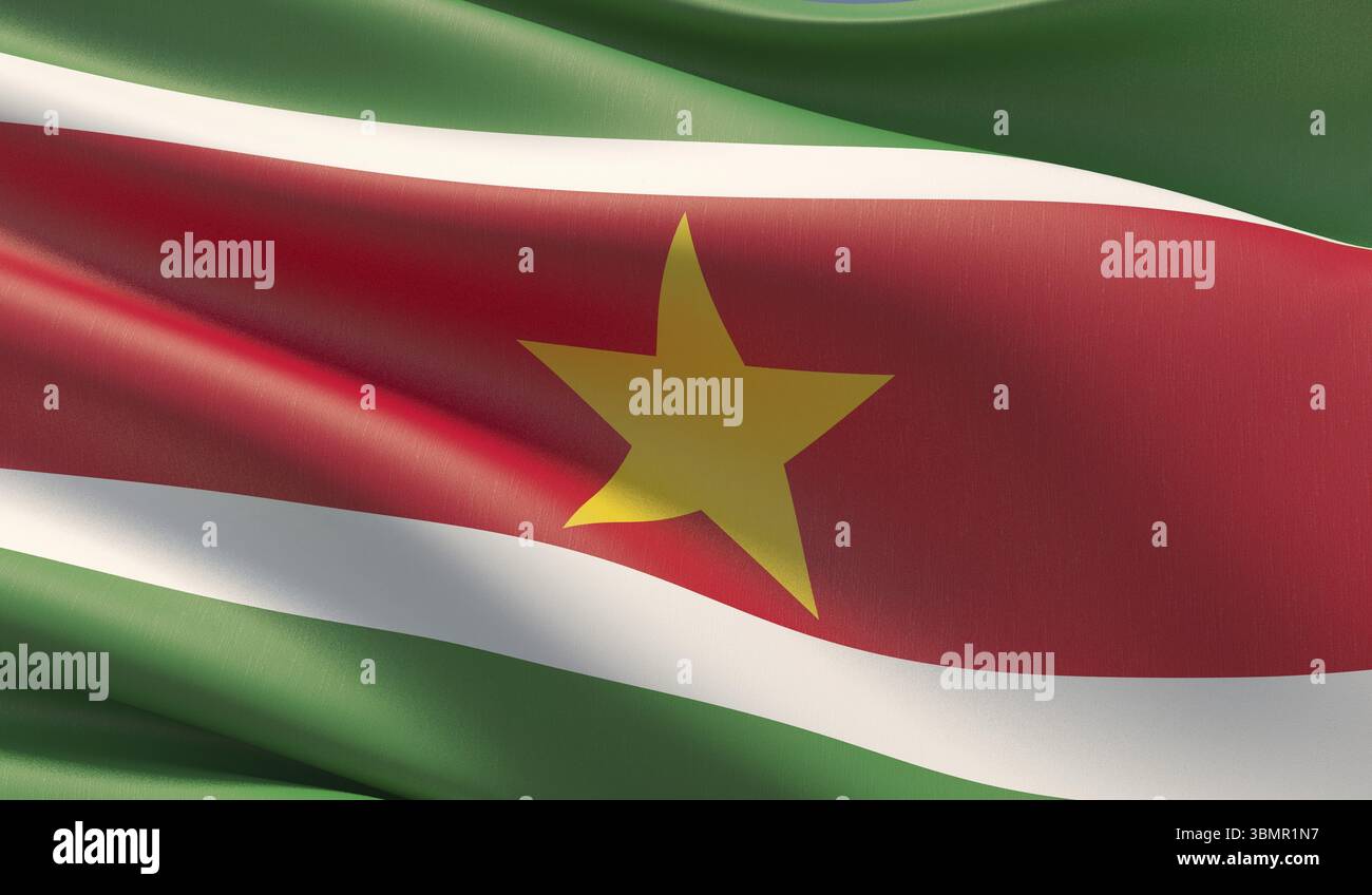 Hochauflösende Nahflagge von Suriname. 3D-Abbildung Stockfoto
