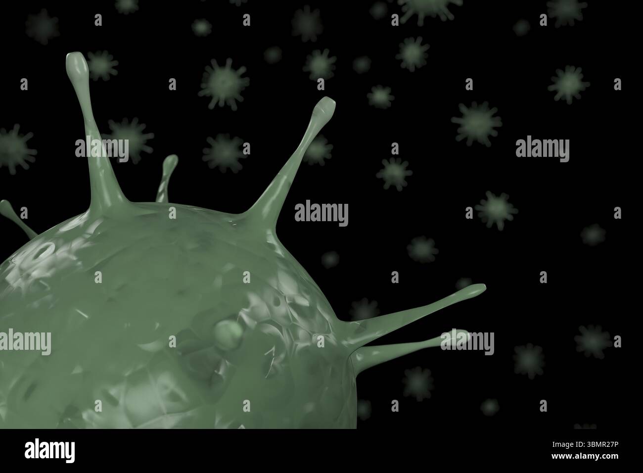 3D-Rendering-Mikroskop-Virus Nahaufnahme. 3D-Abbildung Viren, die Infektionskrankheiten verursachen, verringerte Immunität Beispiel Hepatitis, H1N1, HIV, GRIPPE, HILFE Stockfoto