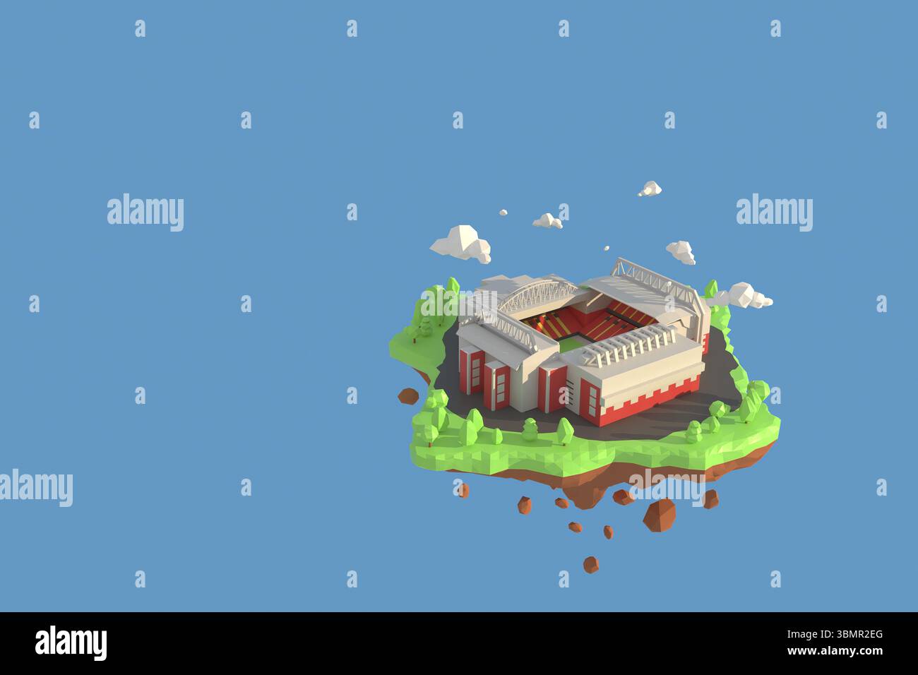 3D-Illustrator Fußballstadion in Anfield, Liverpool, England. 3d-Rendering Hintergrund für niedrige Polygongeometrie. Abstrakte Polygonale Geometrische Form. Tiefpunkte Stockfoto