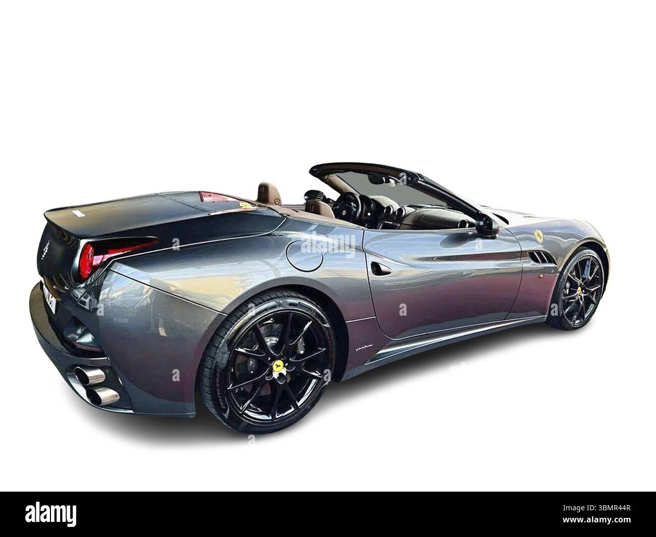 Luxuriöses, graues Ferrari California Cabrio, geparkt, verkörpert Eleganz und Leistung Stockfoto