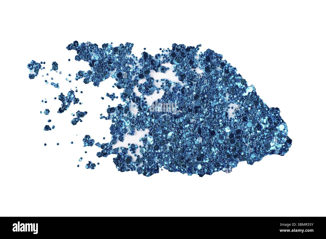 Blauer glitzernder Make-up-Abstrich auf Weiß. Lidschatten, Lipgloss und Gesicht für ein weihnachtliches Make-up-Muster Stockfoto