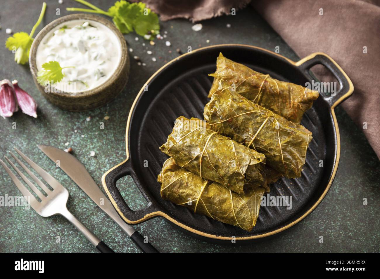 Köstliches Dolma - gefüllte Traubenblätter mit Reis und Fleisch auf einem dunklen Steinhintergrund. Traditionelle griechische, kaukasische und türkische Küche Stockfoto