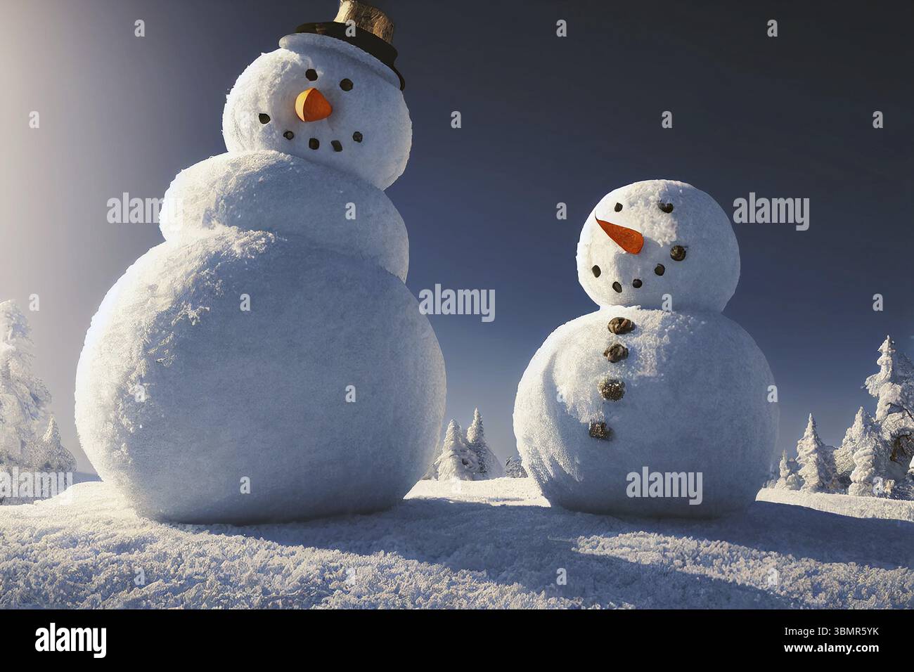 Süßer Schneemann in Winterlandschaft Stockfoto