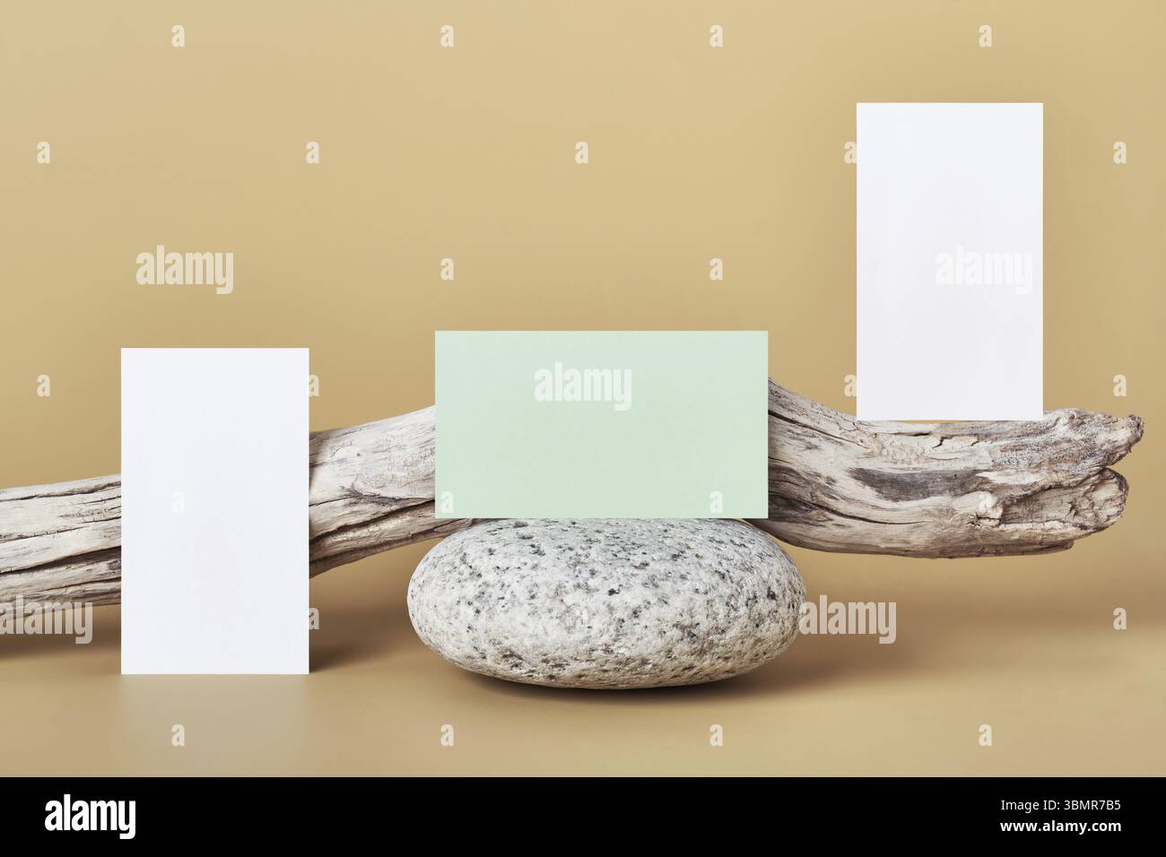 Weißes und grünes Papier für Visitenkarten. Naturstein und Treibholz auf beigefarbenem Hintergrund Stockfoto