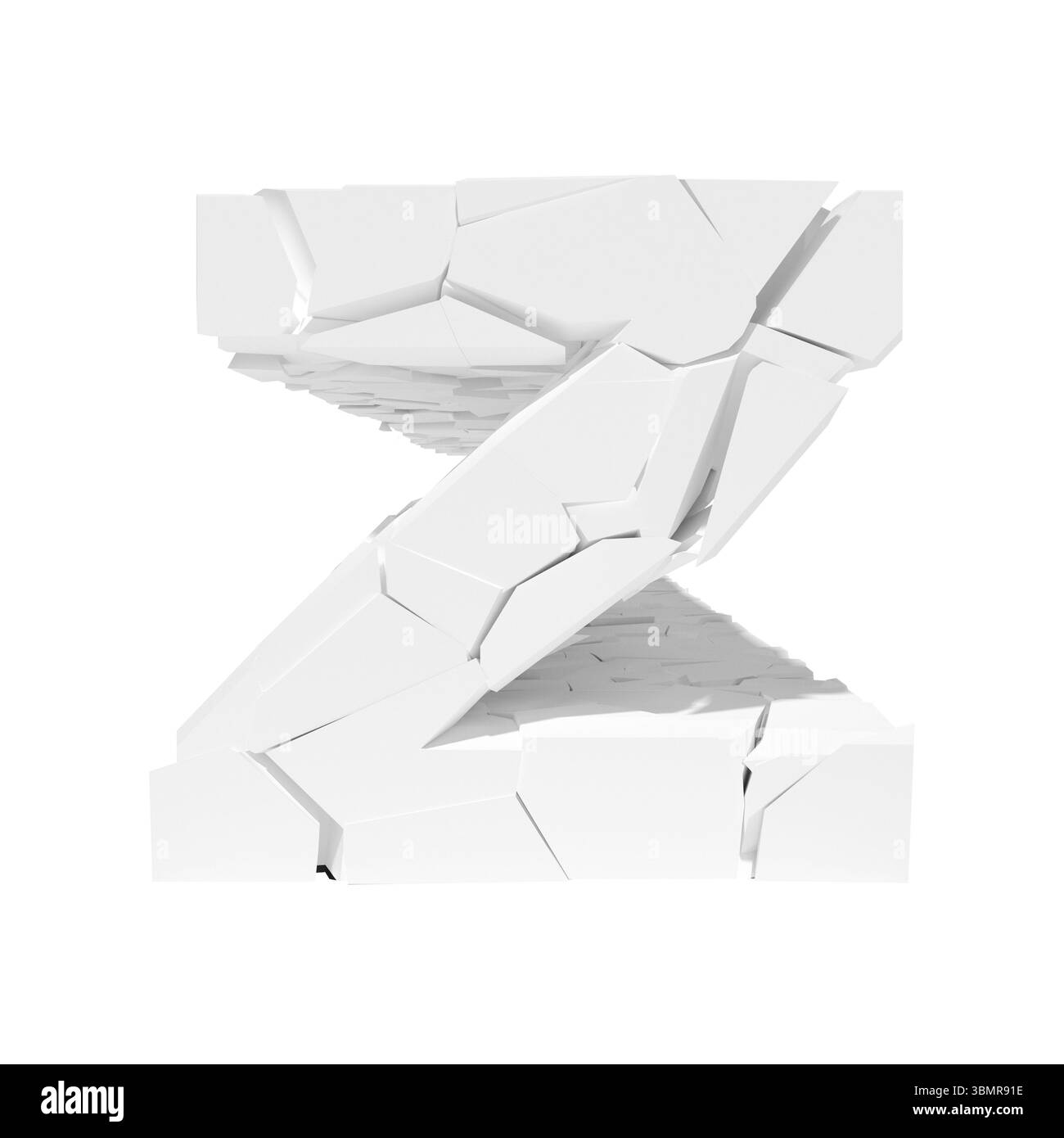 Isolierter gerissener Buchstabe Z auf weißem Hintergrund. 3D-Abbildung Stockfoto
